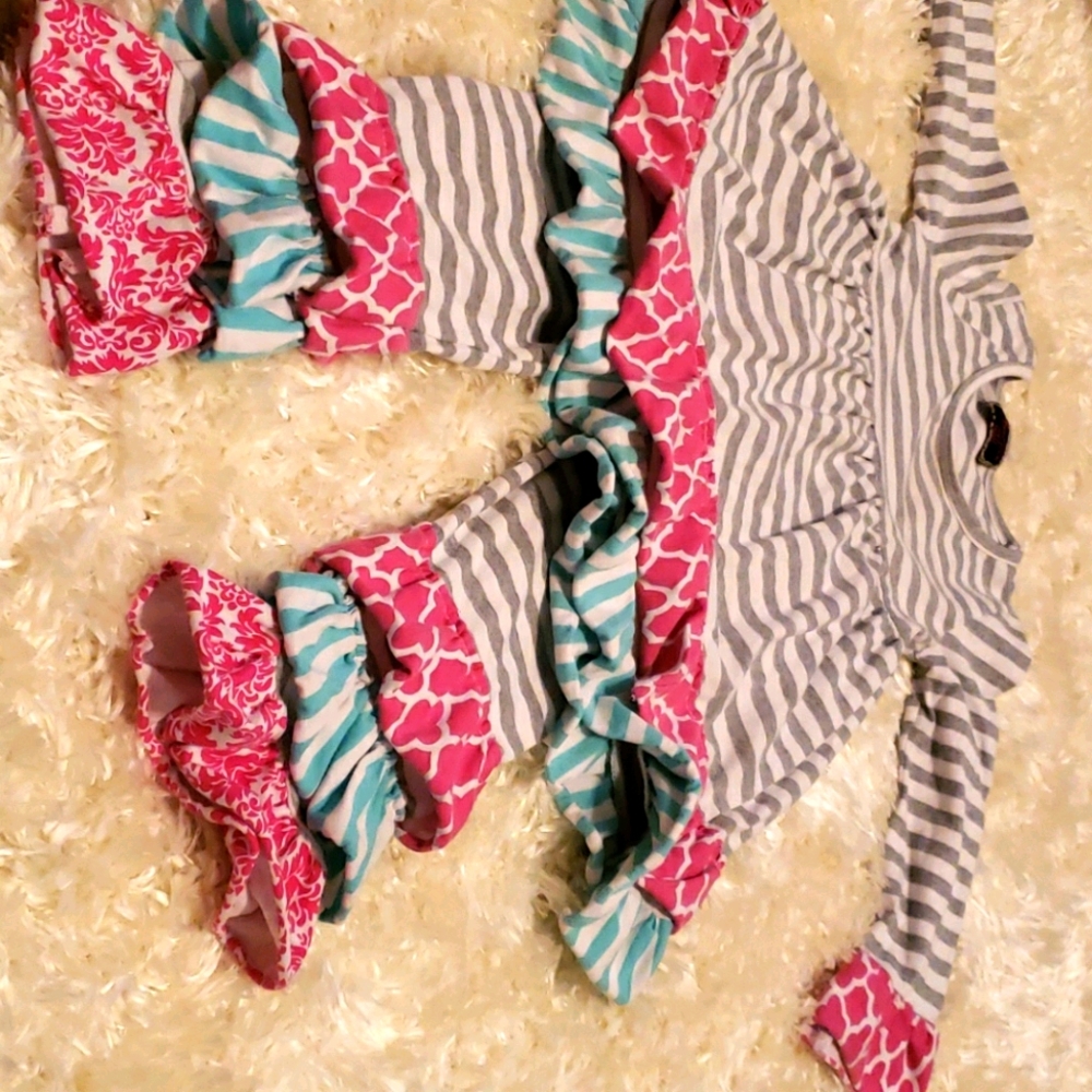 blue, pink, gray, white boutique ruffle outfit